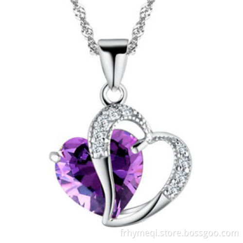 Heart-shaped Sterling Silver Pendant Necklace with Purple Crystal